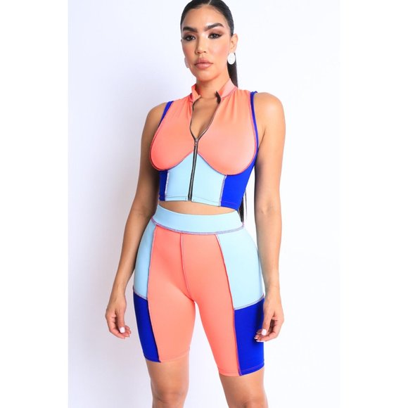 Boutique Pants - Women's Cute Color Block Sleeveless Top And Matching Biker Shorts 2 Piece Set